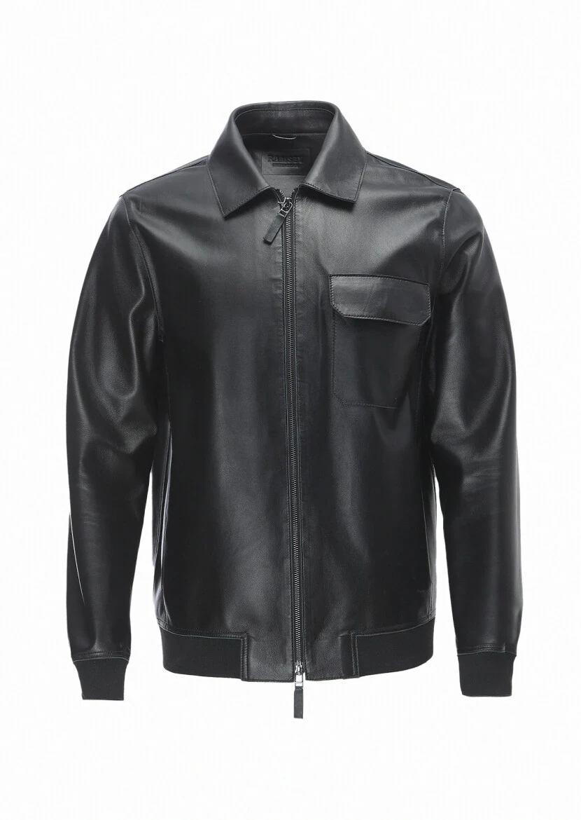 Black Regular Fit Shirt Collar Casual Leather Leather Coat - 6