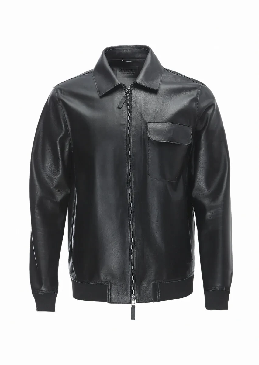 Black Regular Fit Shirt Collar Casual Leather Leather Coat - 6