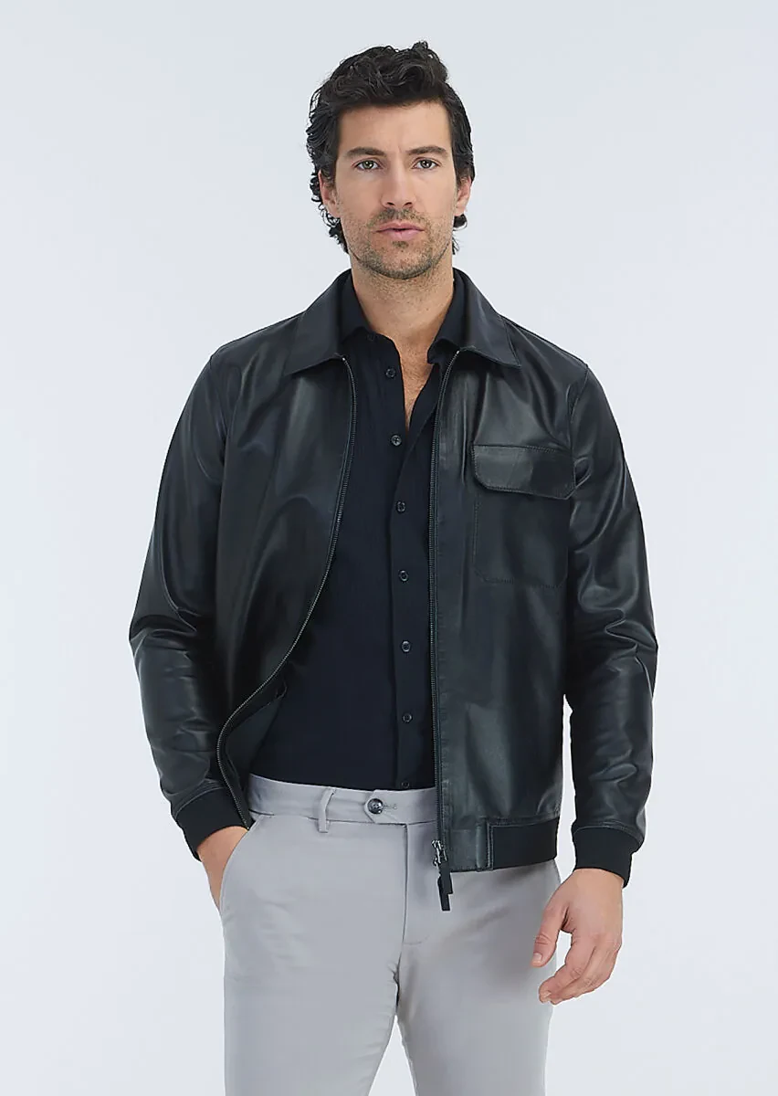 Black Regular Fit Shirt Collar Casual Leather Leather Coat - 2