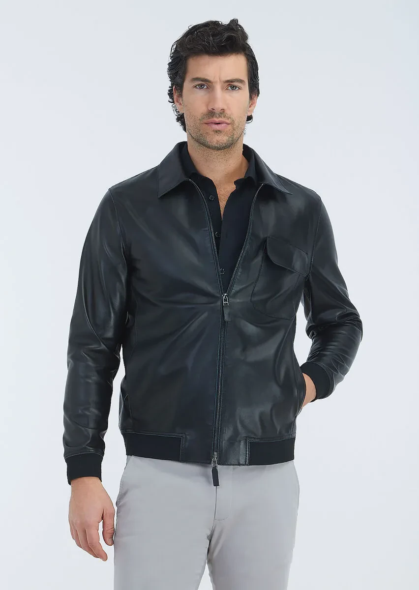 Black Regular Fit Shirt Collar Casual Leather Leather Coat - 3