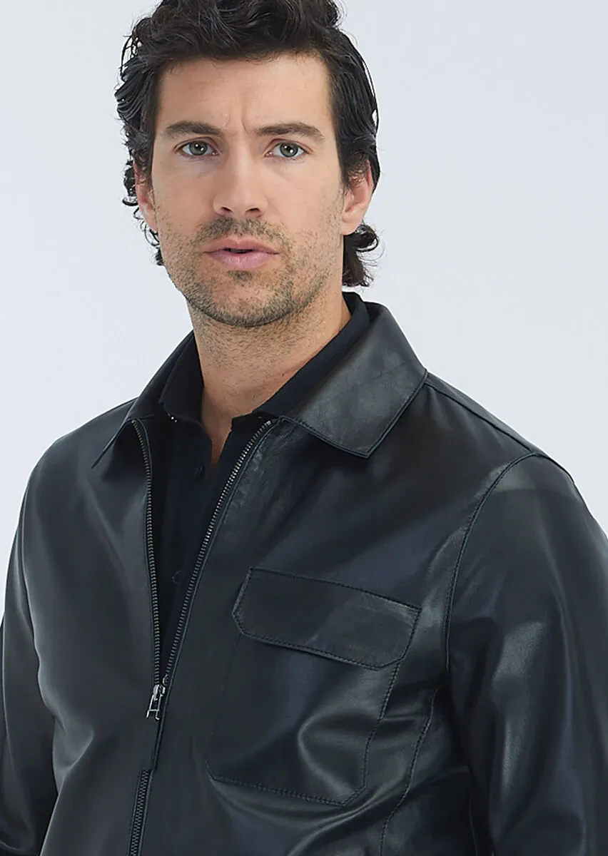 Black Regular Fit Shirt Collar Casual Leather Leather Coat - 4