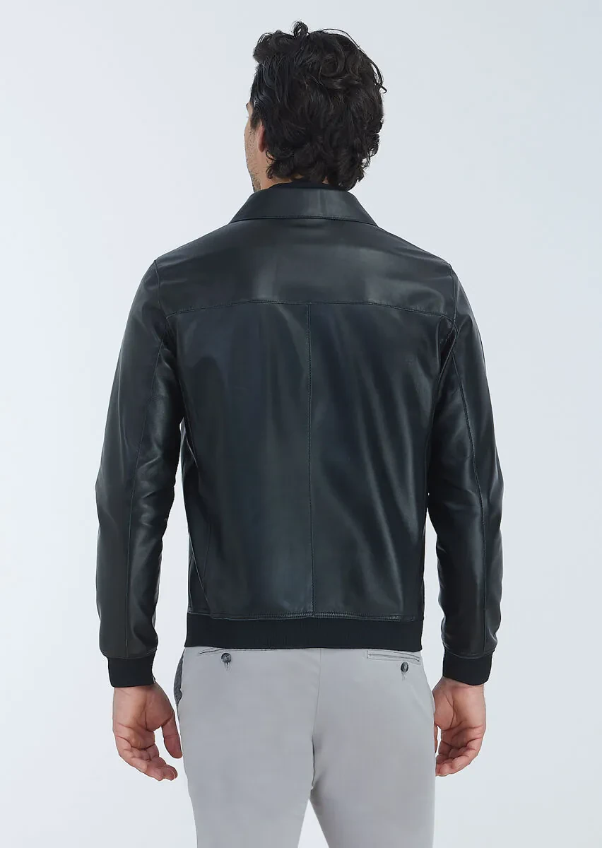 Black Regular Fit Shirt Collar Casual Leather Leather Coat - 5