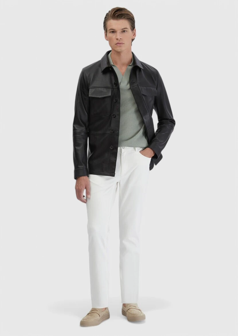 Black Regular Fit Shirt Collar Casual Sheep Leather Leather Coat - RAMSEY