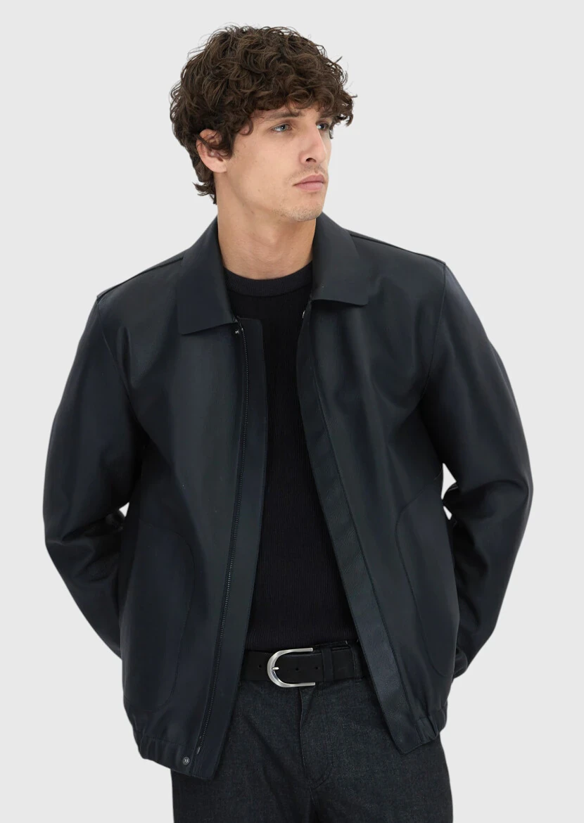 Black Regular Fit Shirt Collar Casual Sheep Leather Leather Coat - RAMSEY