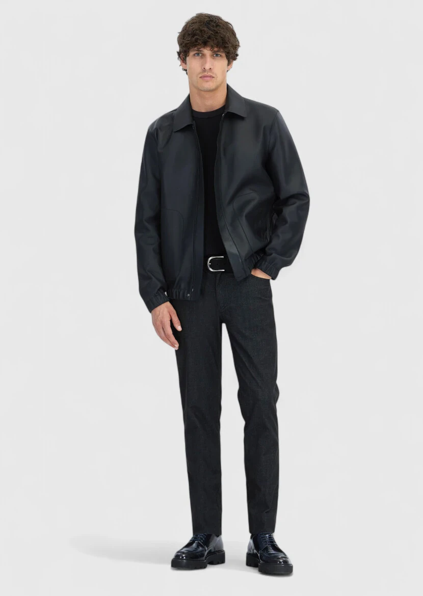 Black Regular Fit Shirt Collar Casual Sheep Leather Leather Coat - RAMSEY