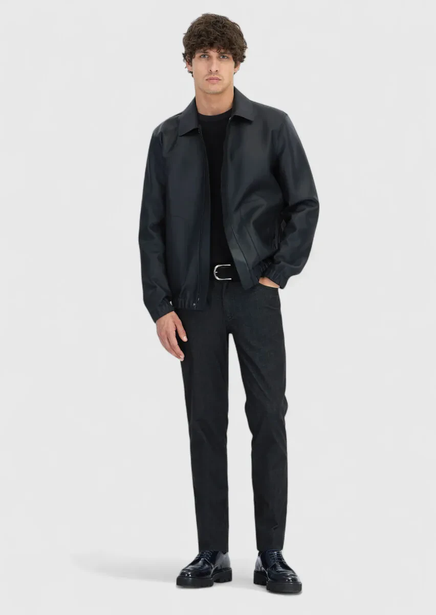 Black Regular Fit Shirt Collar Casual Sheep Leather Leather Coat - 2