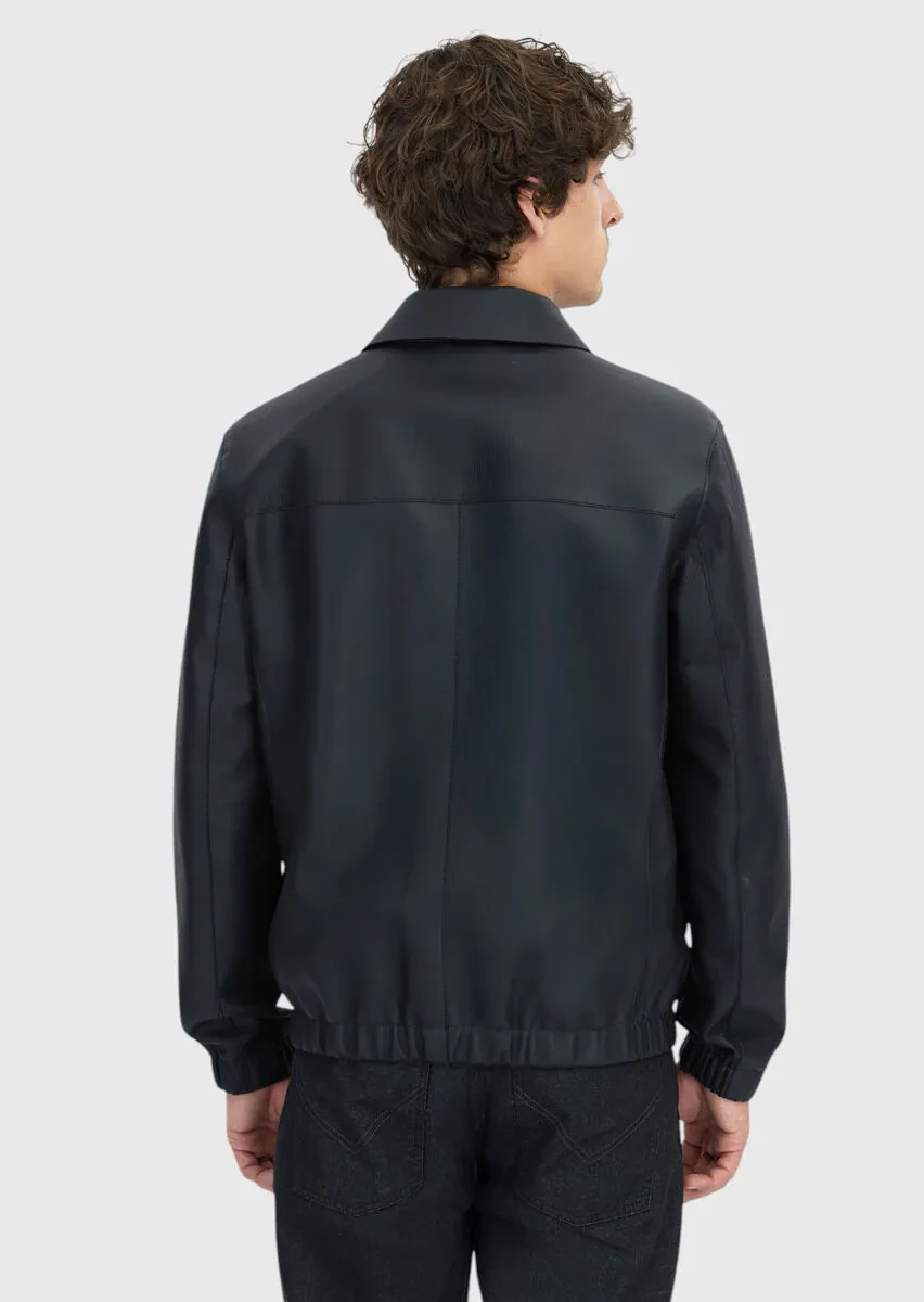 Black Regular Fit Shirt Collar Casual Sheep Leather Leather Coat - 6