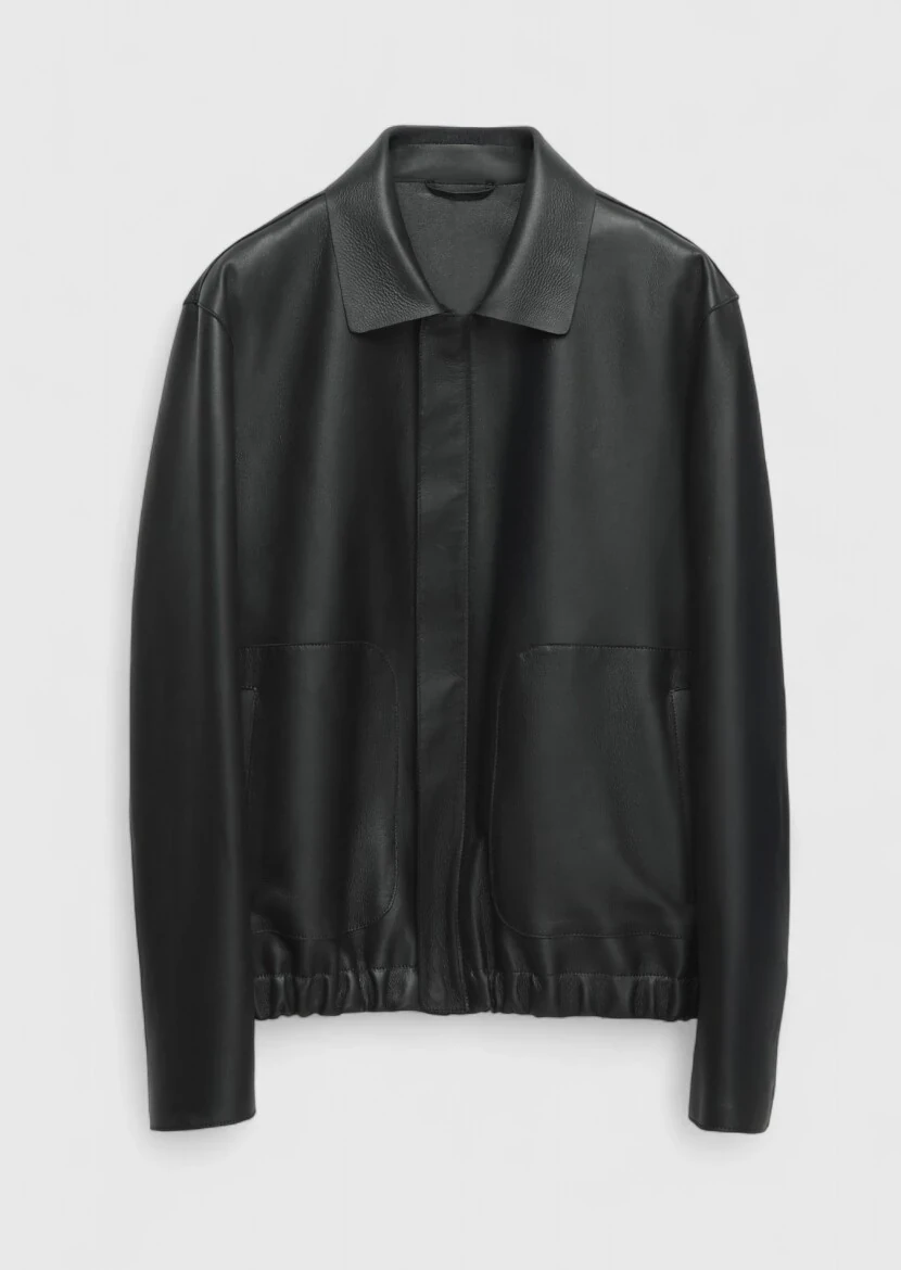 Black Regular Fit Shirt Collar Casual Sheep Leather Leather Coat - 7