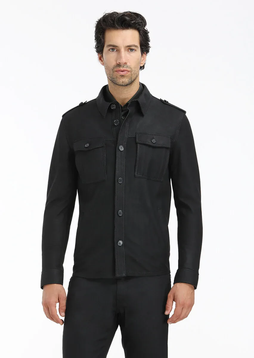 Black Regular Fit Shirt Collar Casual Suede Leather Coat - 2