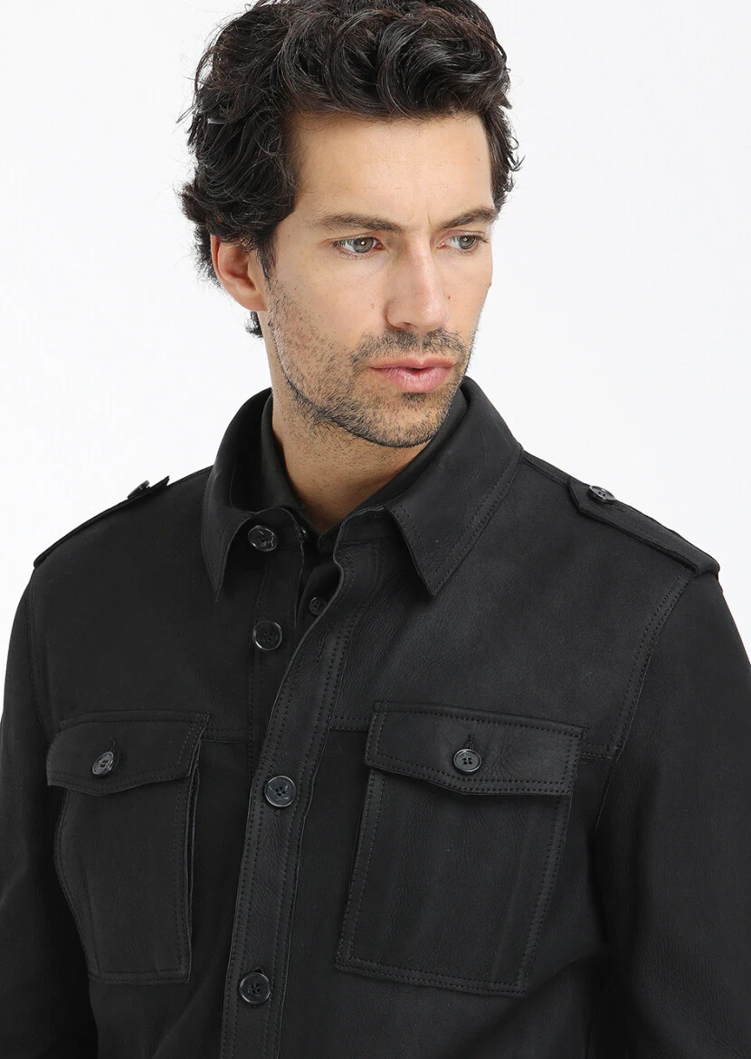 Black Regular Fit Shirt Collar Casual Suede Leather Coat - 3