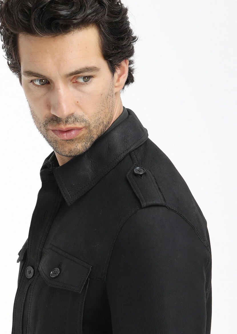 Black Regular Fit Shirt Collar Casual Suede Leather Coat - 4