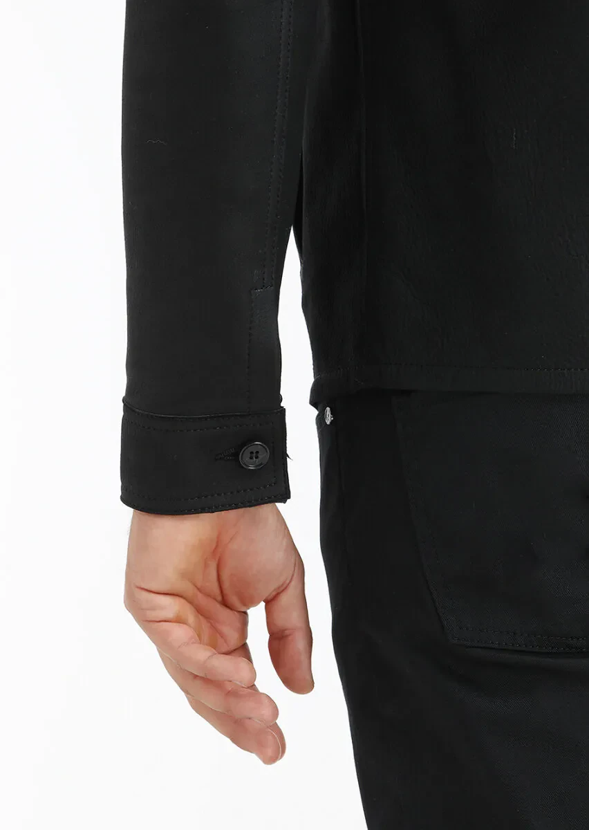 Black Regular Fit Shirt Collar Casual Suede Leather Coat - 5