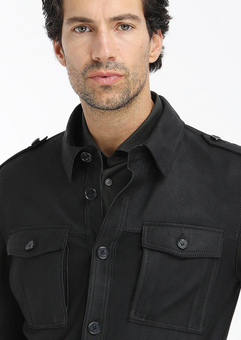 Black Regular Fit Shirt Collar Casual Suede Leather Coat - 6