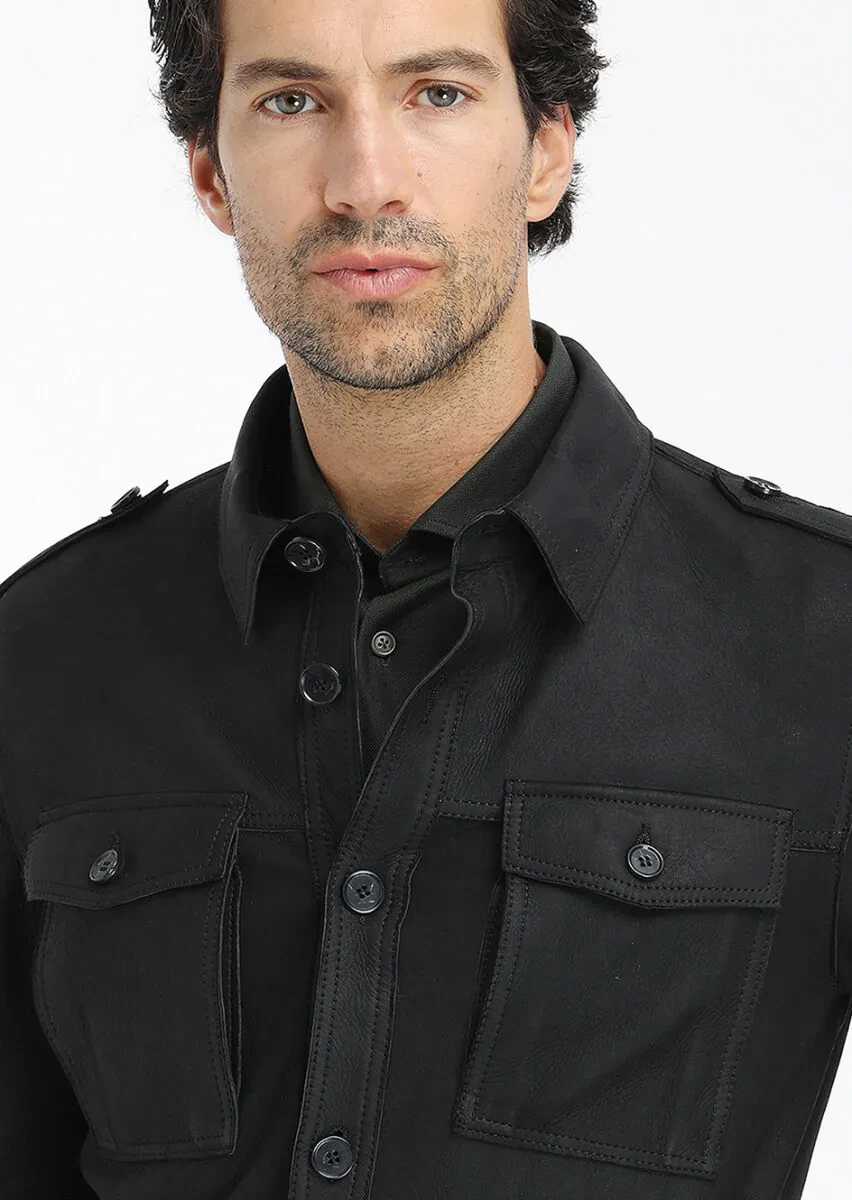 Black Regular Fit Shirt Collar Casual Suede Leather Coat - 6