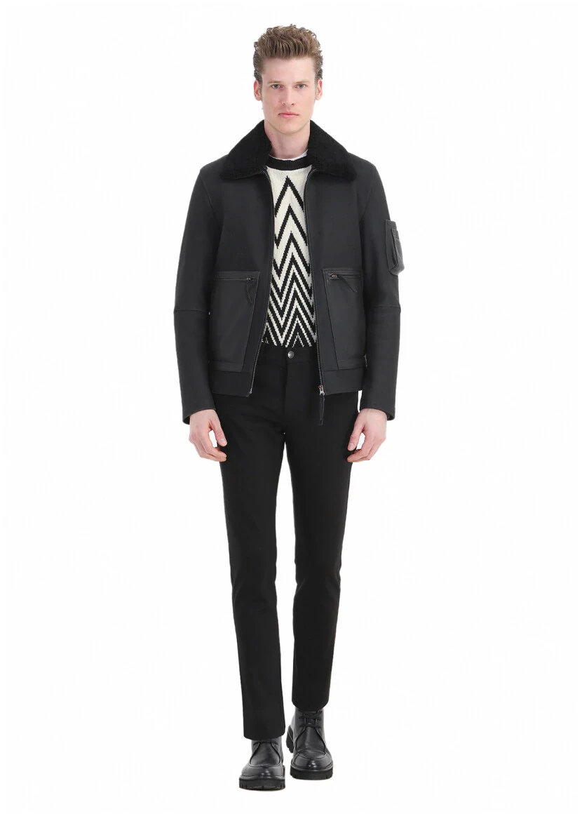 Black Regular Fit Shirt Collar Casual Suede Leather Coat - RAMSEY