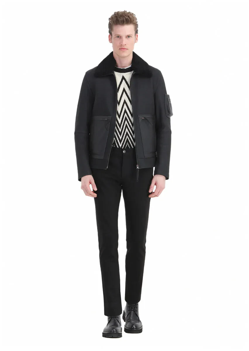 Black Regular Fit Shirt Collar Casual Suede Leather Coat - 1