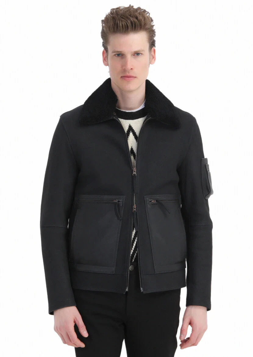 Black Regular Fit Shirt Collar Casual Suede Leather Coat - 5