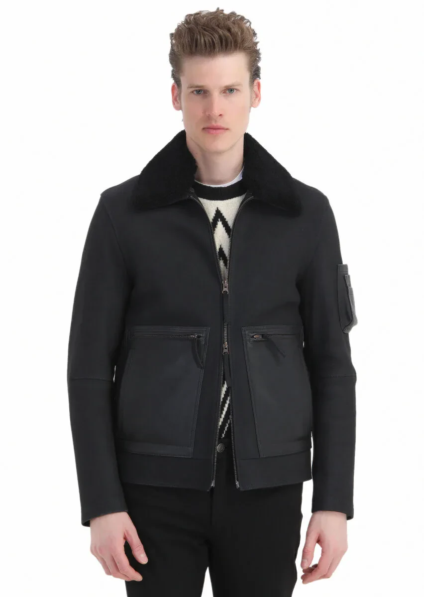 Black Regular Fit Shirt Collar Casual Suede Leather Coat - 5