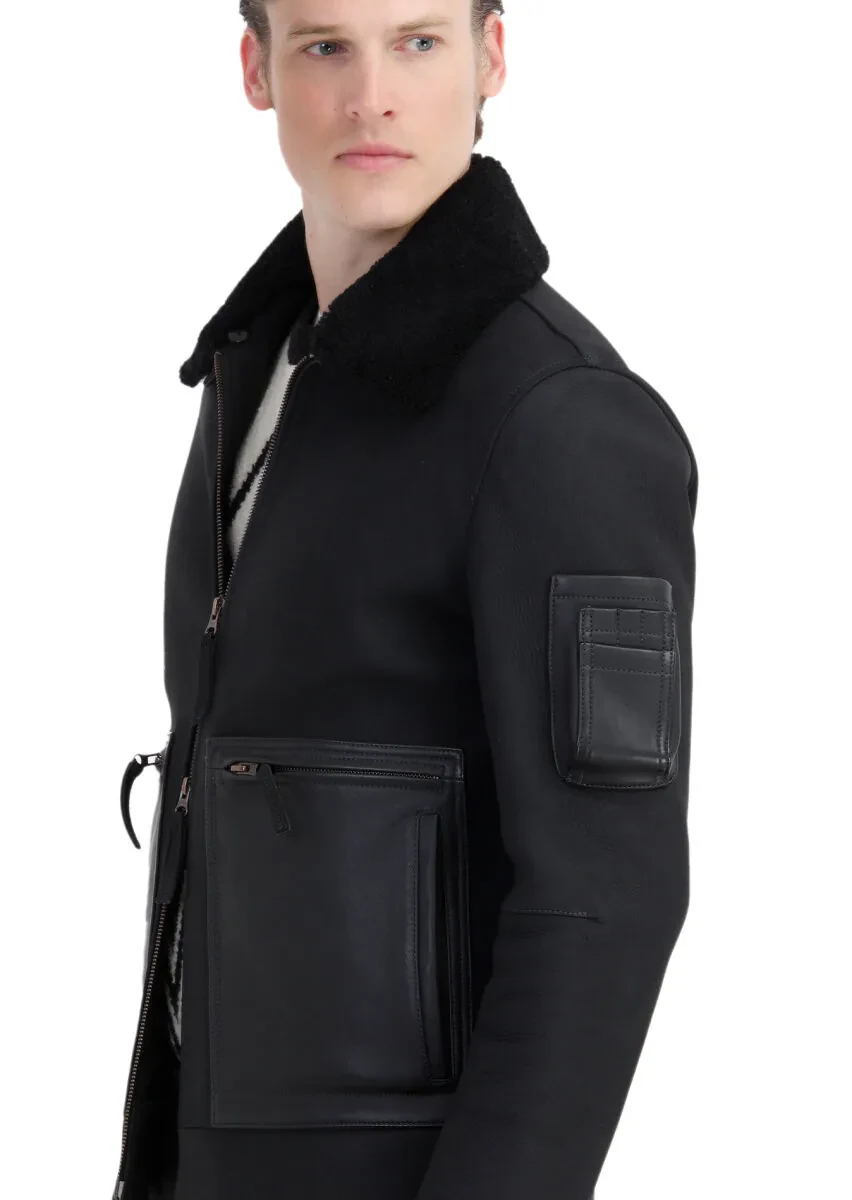 Black Regular Fit Shirt Collar Casual Suede Leather Coat - 7