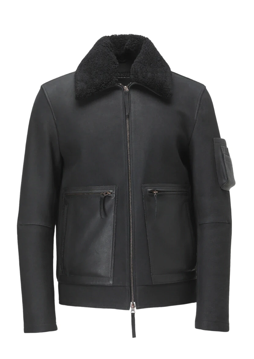 Black Regular Fit Shirt Collar Casual Suede Leather Coat - 9