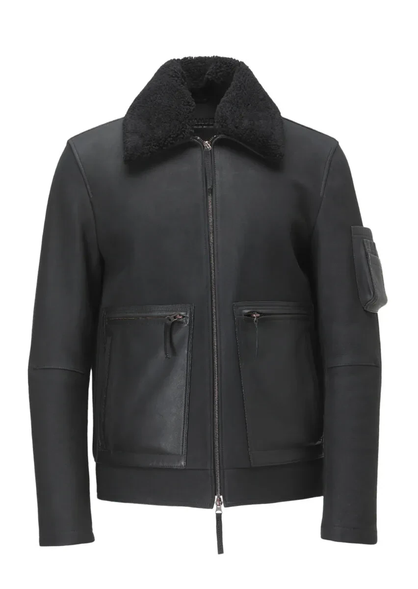 Black Regular Fit Shirt Collar Casual Suede Leather Coat - 9