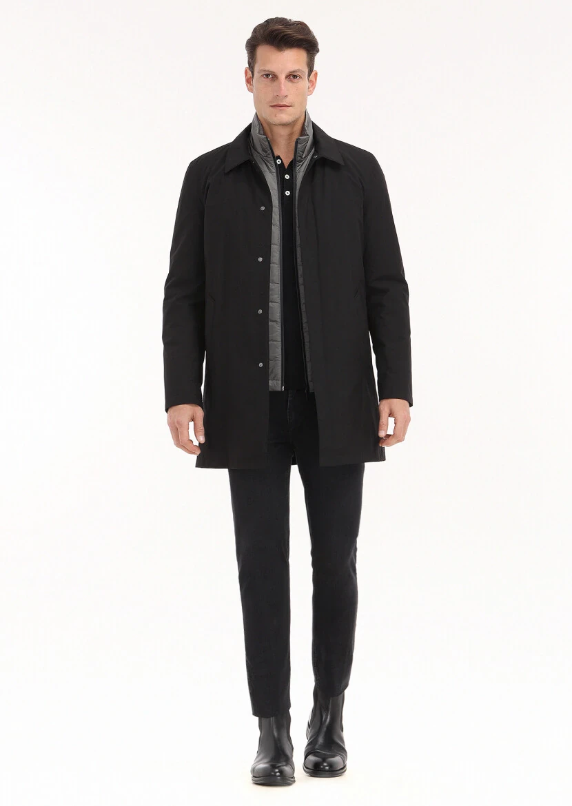 Black Regular Fit Shirt Collar Casual Weaving Rain Coat - 1