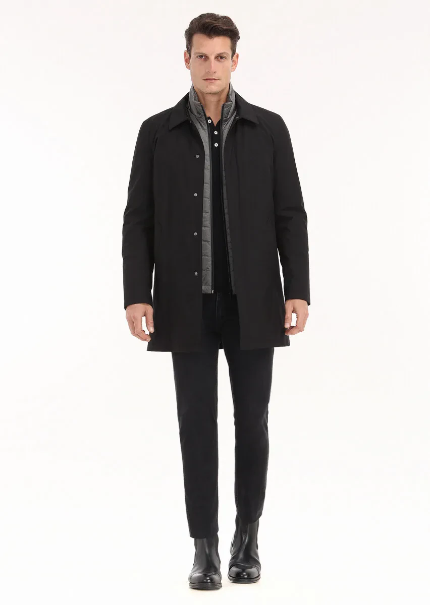 Black Regular Fit Shirt Collar Casual Weaving Rain Coat - 1