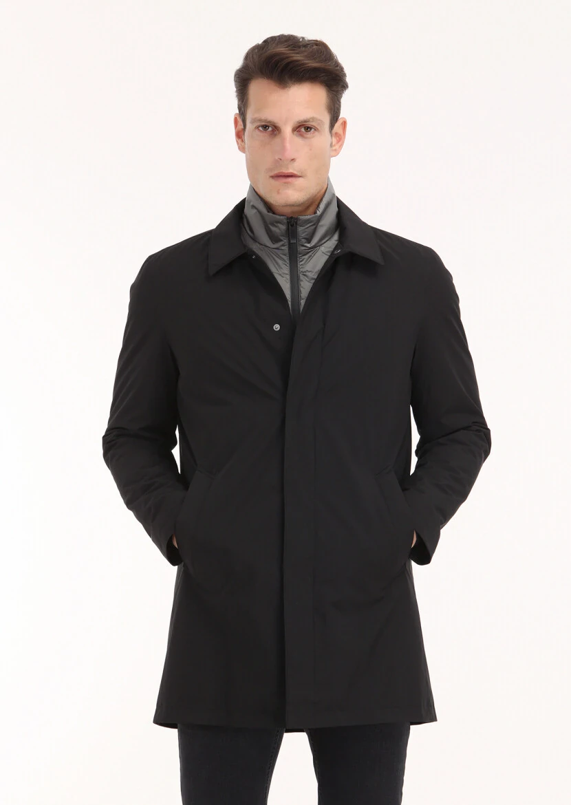 Black Regular Fit Shirt Collar Casual Weaving Rain Coat 