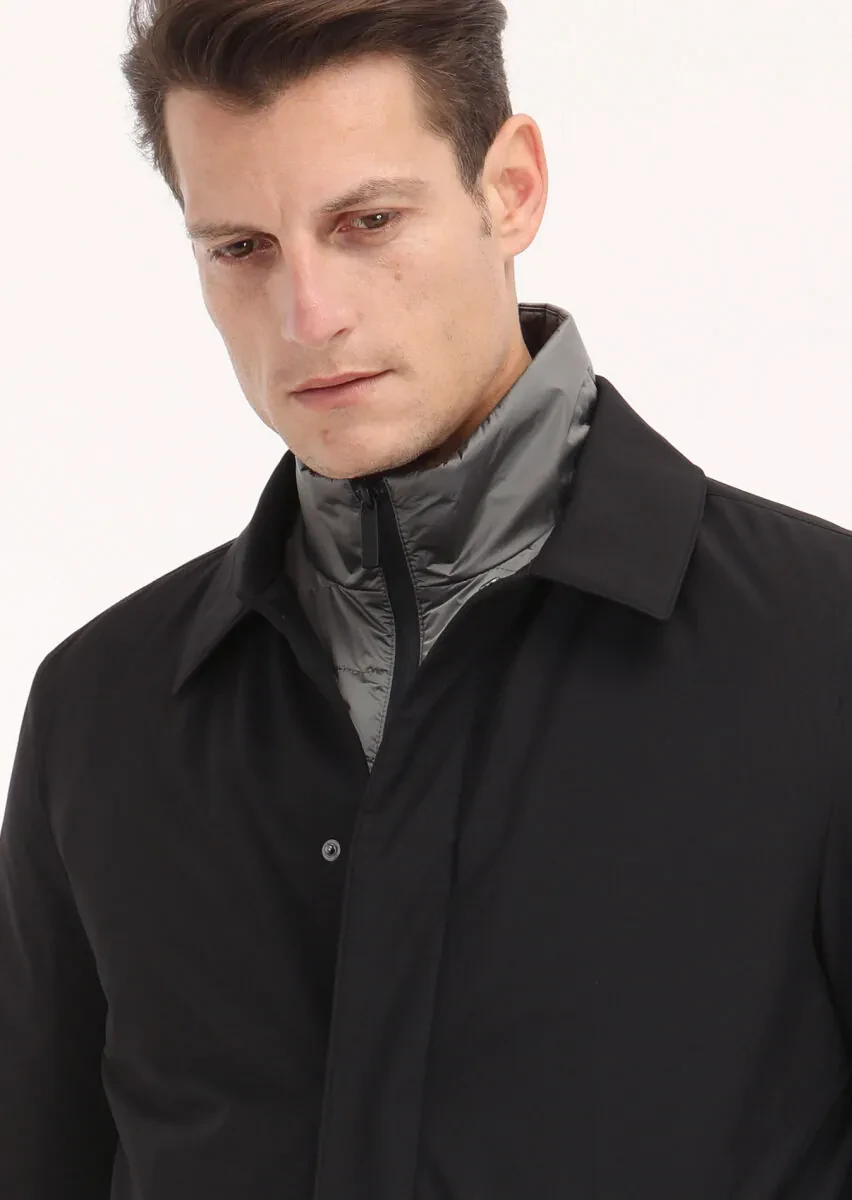 Black Regular Fit Shirt Collar Casual Weaving Rain Coat - 4