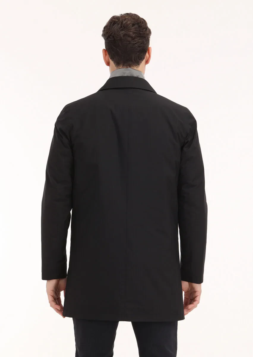 Black Regular Fit Shirt Collar Casual Weaving Rain Coat - 5