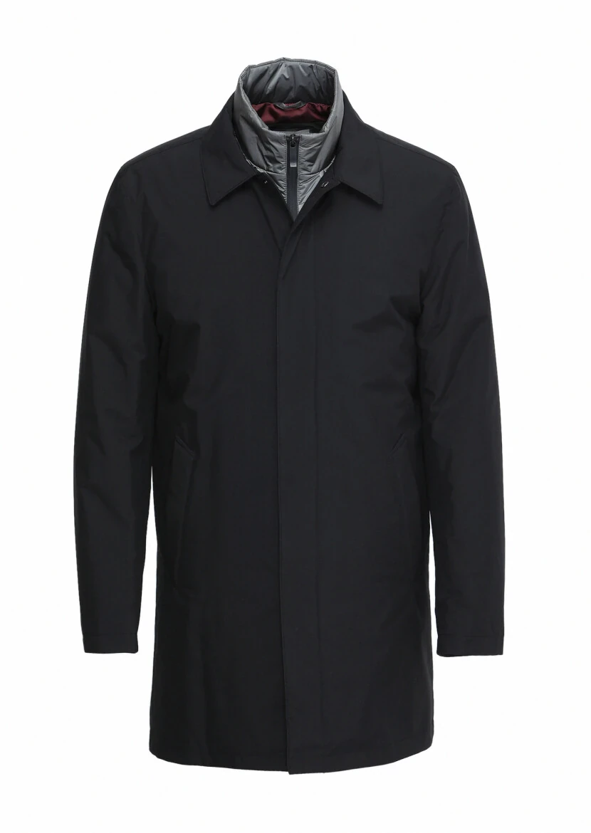 Black Regular Fit Shirt Collar Casual Weaving Rain Coat - 6