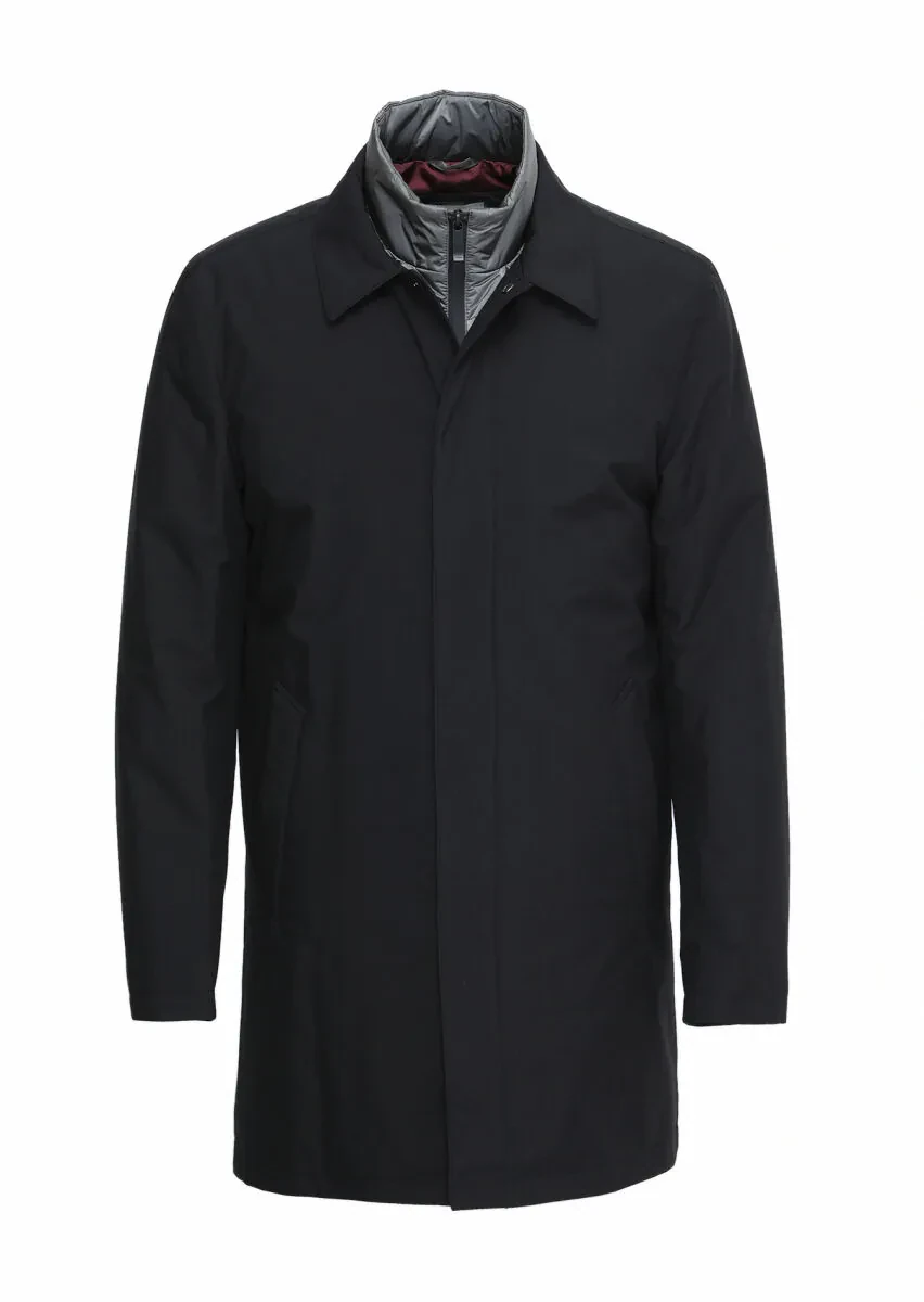 Black Regular Fit Shirt Collar Casual Weaving Rain Coat - 6