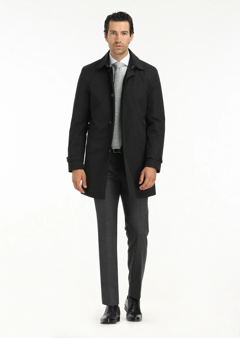 Black Regular Fit Shirt Collar Casual Weaving Rain Coat - 1