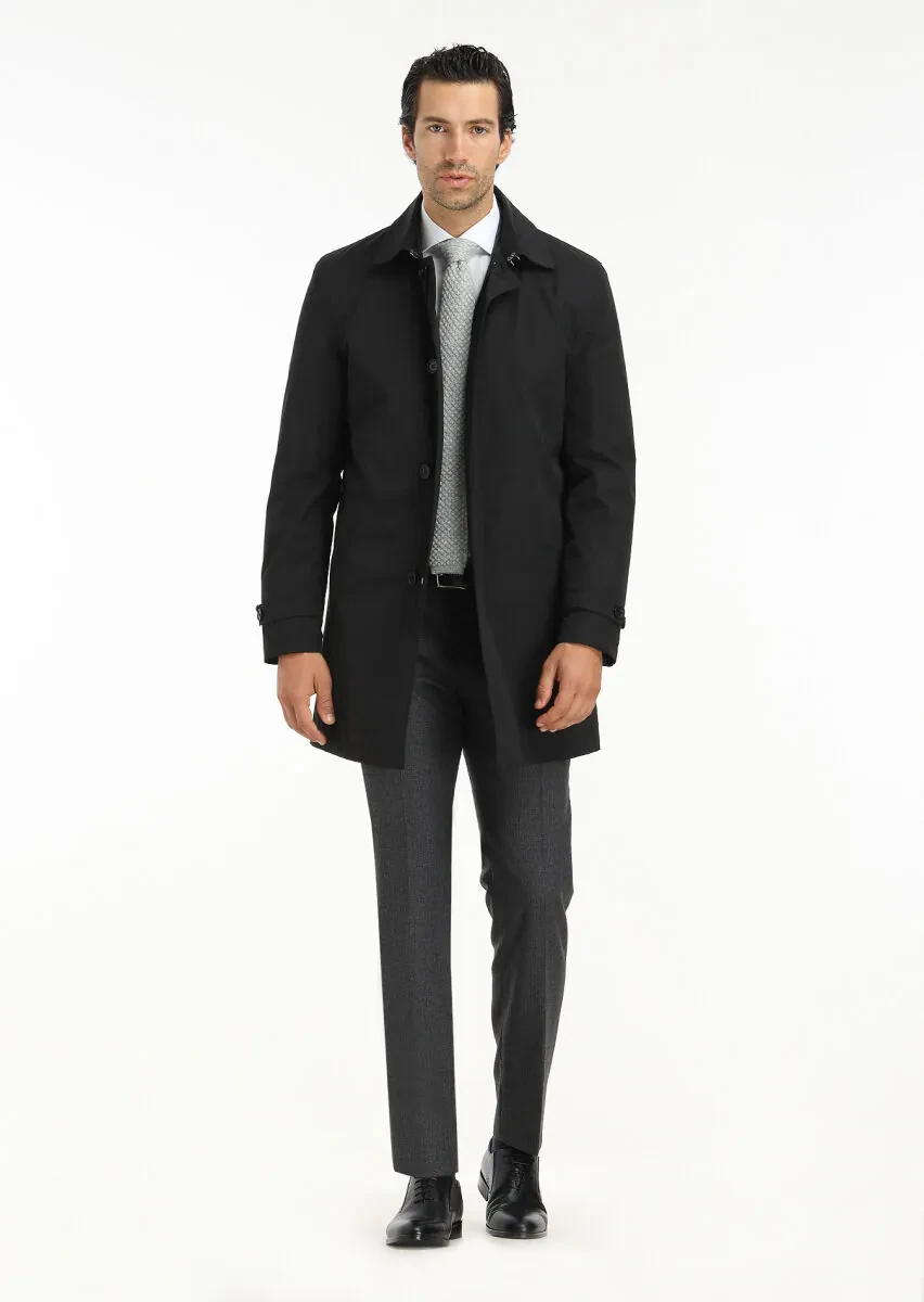 Black Regular Fit Shirt Collar Casual Weaving Rain Coat - 1