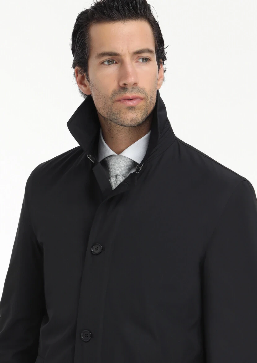 Black Regular Fit Shirt Collar Casual Weaving Rain Coat - 3