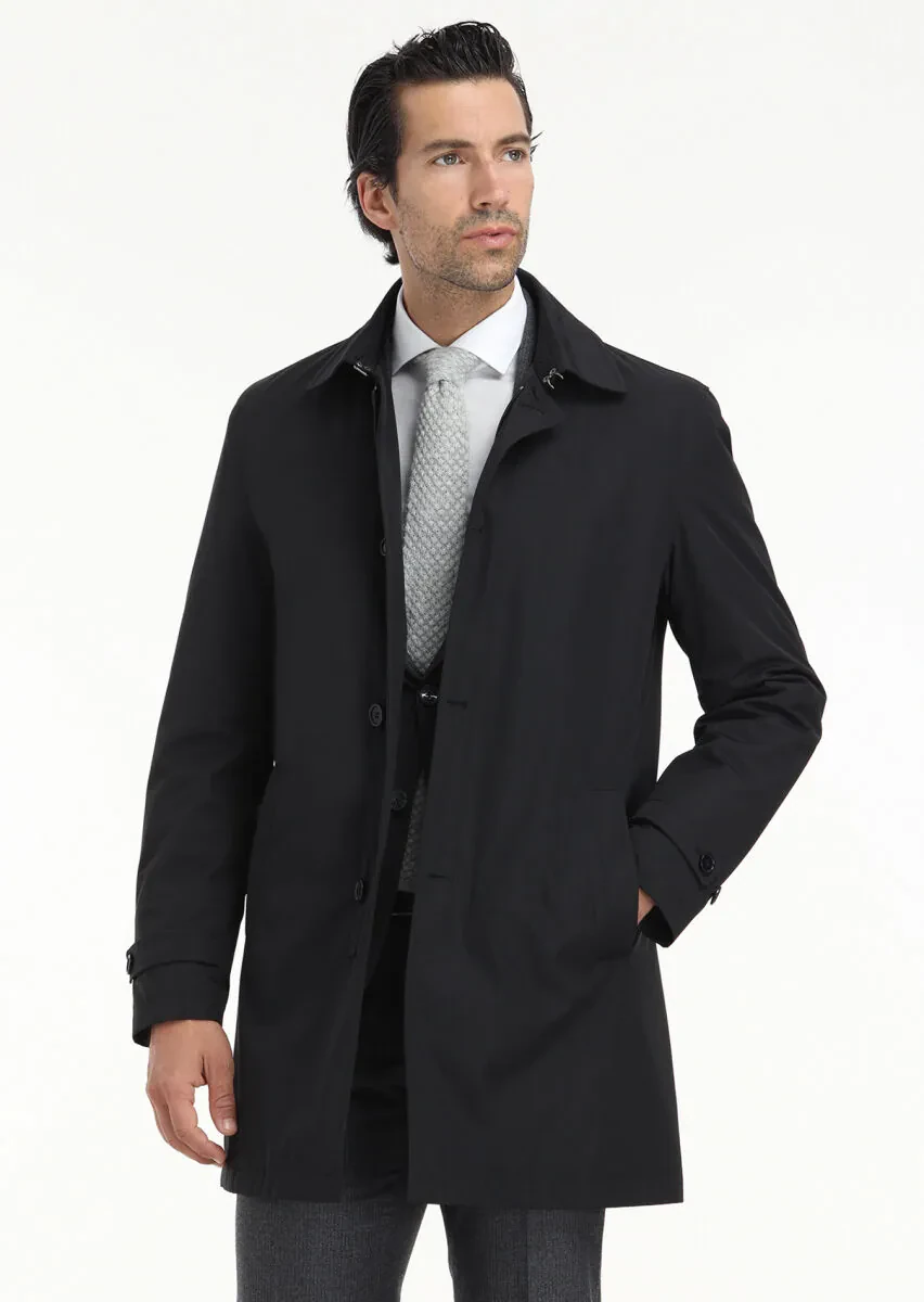 Black Regular Fit Shirt Collar Casual Weaving Rain Coat - 4