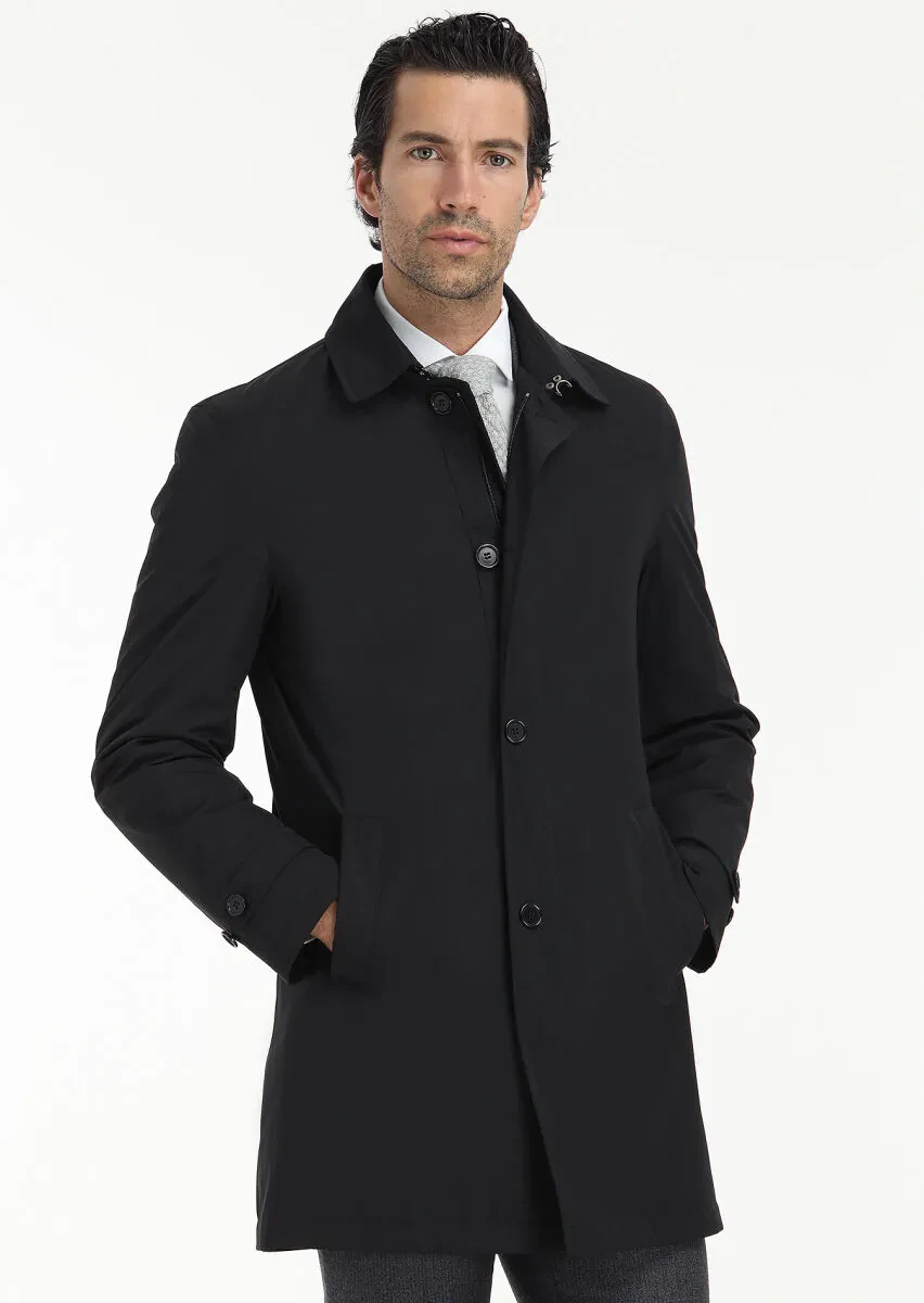 Black Regular Fit Shirt Collar Casual Weaving Rain Coat - 5