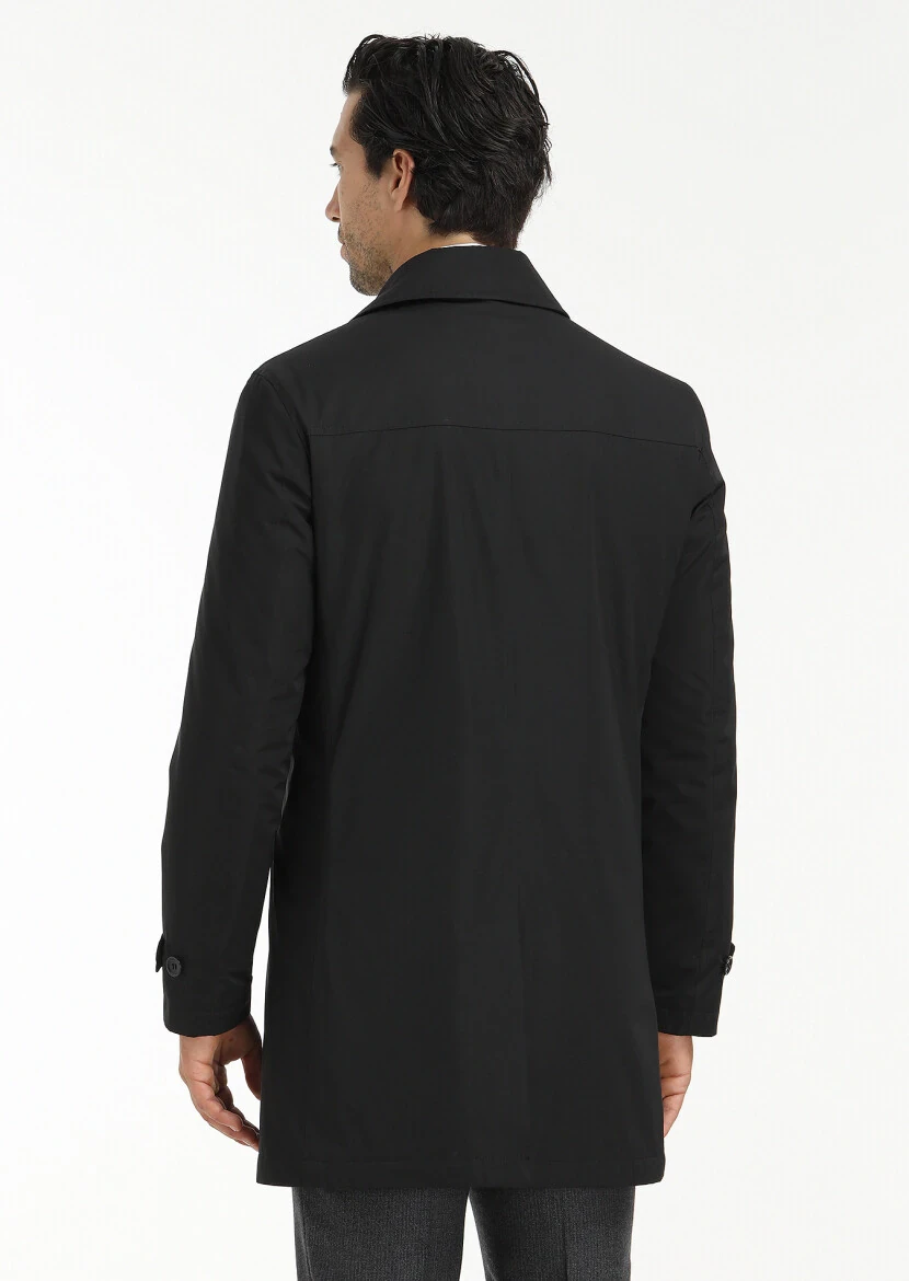 Black Regular Fit Shirt Collar Casual Weaving Rain Coat - 6