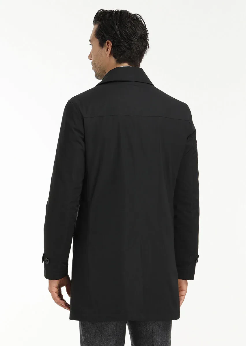 Black Regular Fit Shirt Collar Casual Weaving Rain Coat - 6