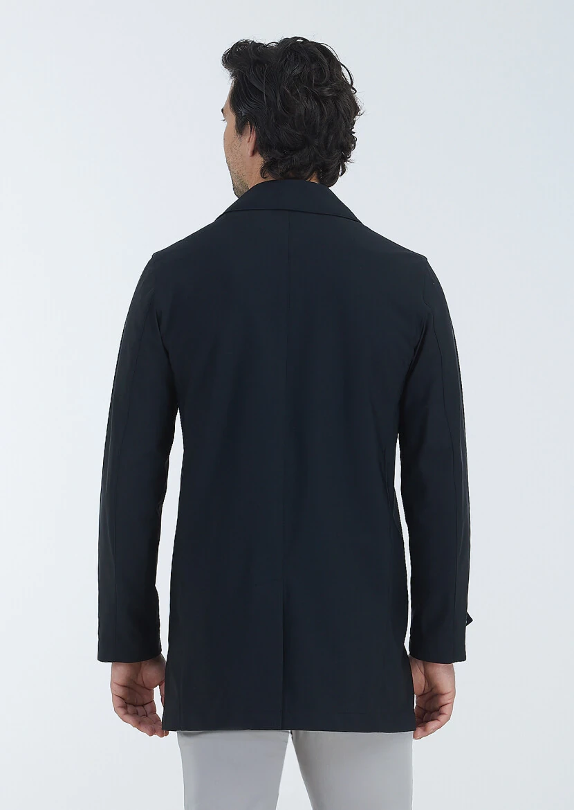 Black Regular Fit Shirt Collar Casual Weaving Rain Coat - 5