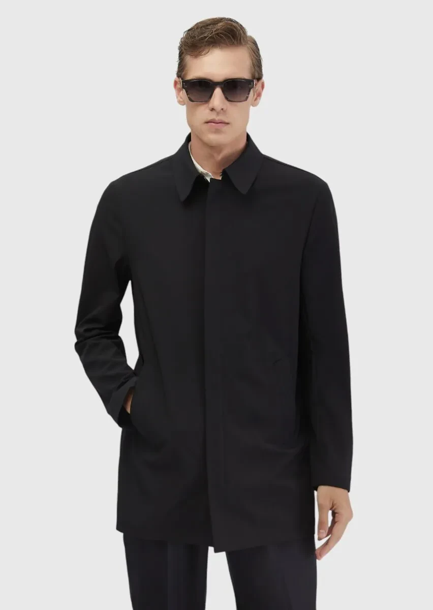 Black Regular Fit Shirt Collar Casual Weaving Rain Coat - 1
