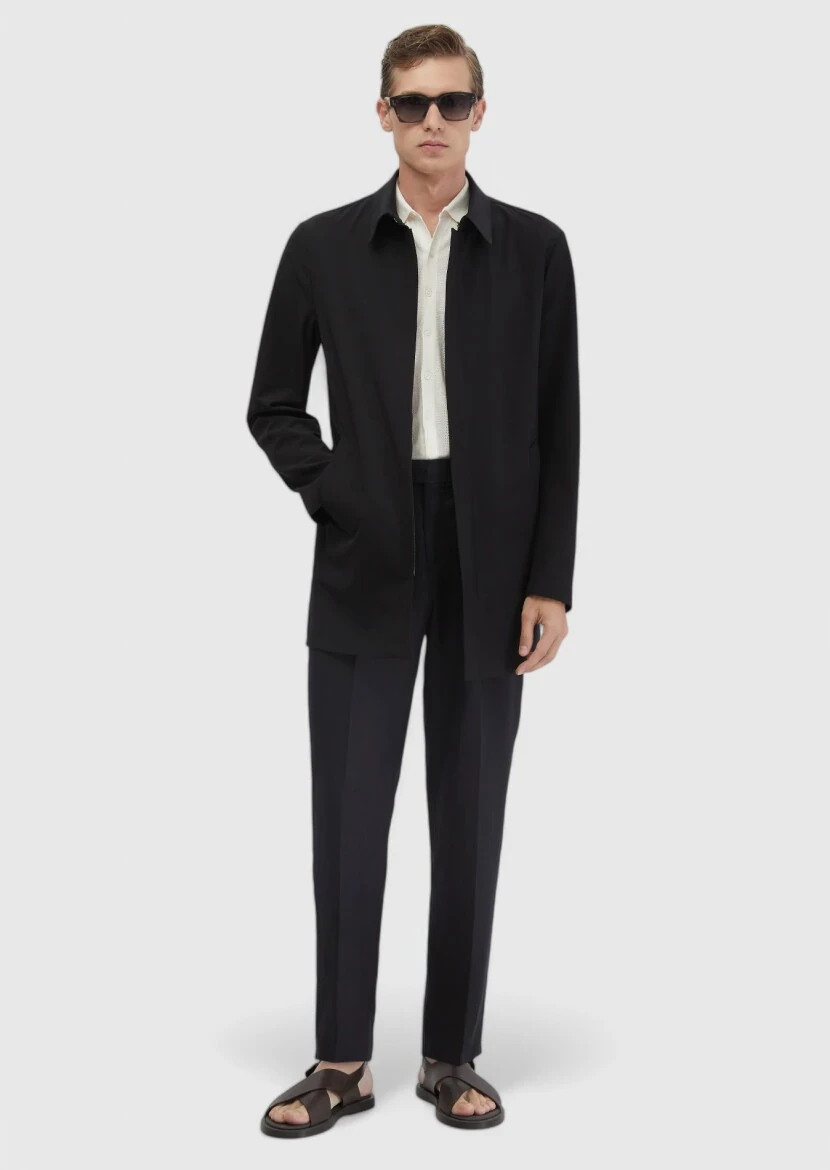 Black Regular Fit Shirt Collar Casual Weaving Rain Coat - RAMSEY
