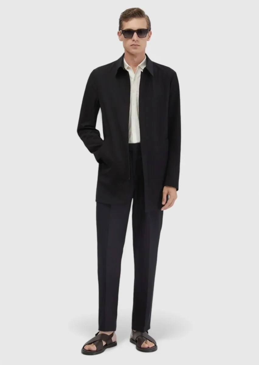 Black Regular Fit Shirt Collar Casual Weaving Rain Coat - 2