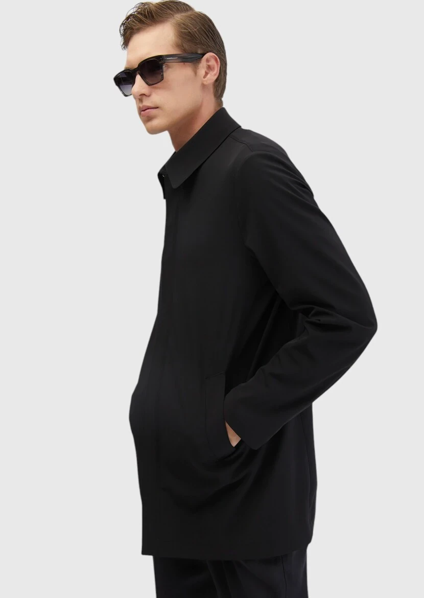 Black Regular Fit Shirt Collar Casual Weaving Rain Coat - 4