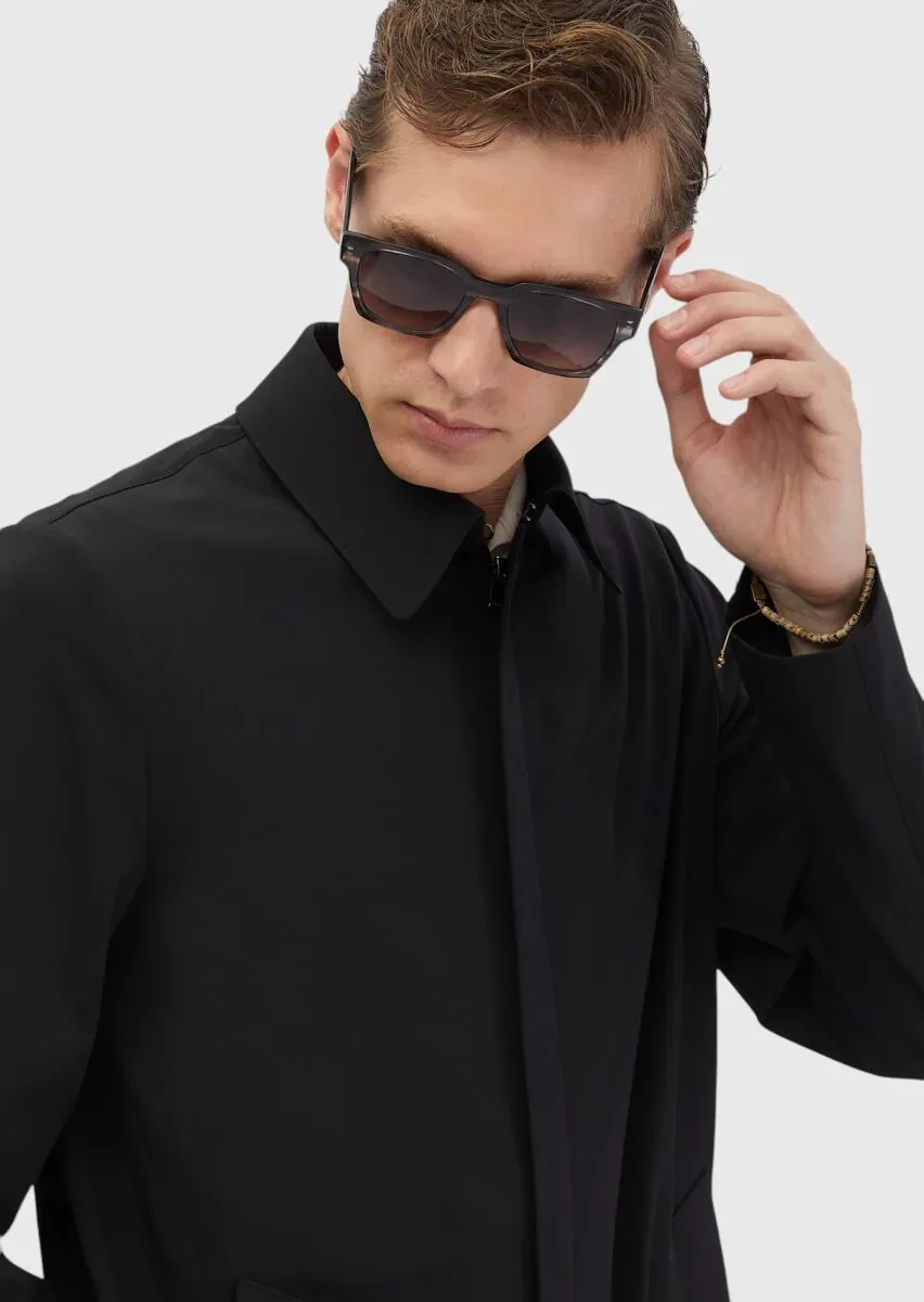 Black Regular Fit Shirt Collar Casual Weaving Rain Coat - 5