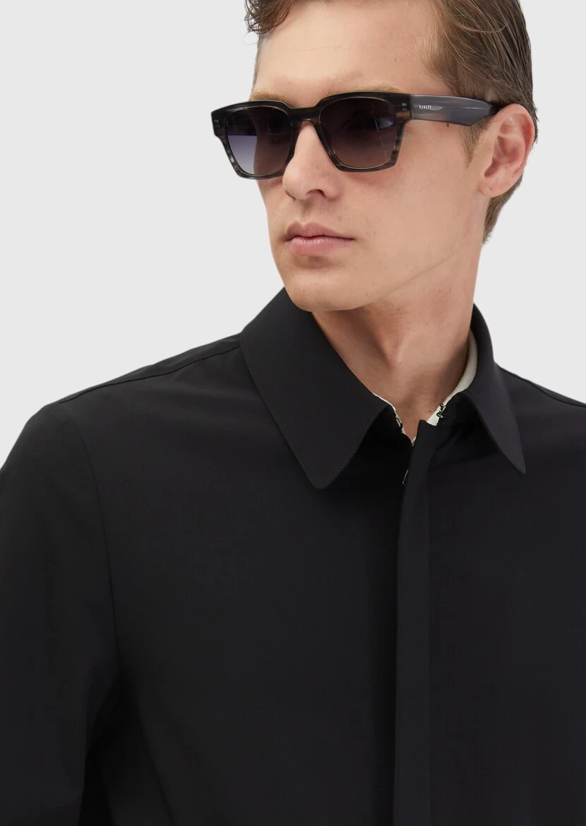 Black Regular Fit Shirt Collar Casual Weaving Rain Coat - 6