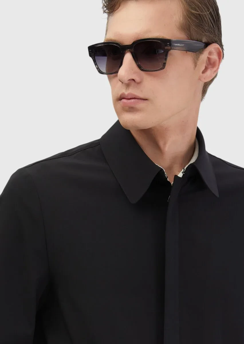 Black Regular Fit Shirt Collar Casual Weaving Rain Coat - 6