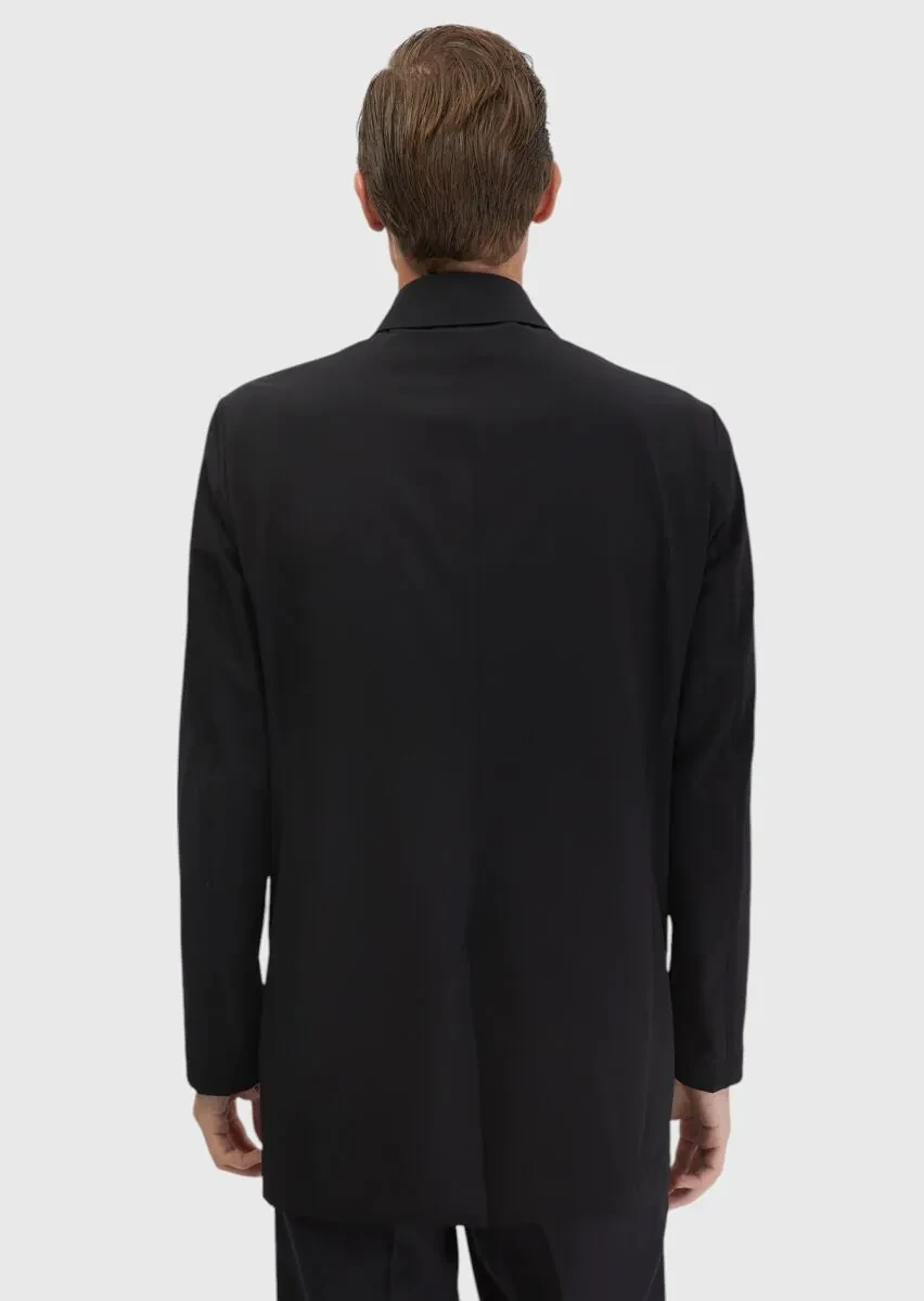 Black Regular Fit Shirt Collar Casual Weaving Rain Coat - 7