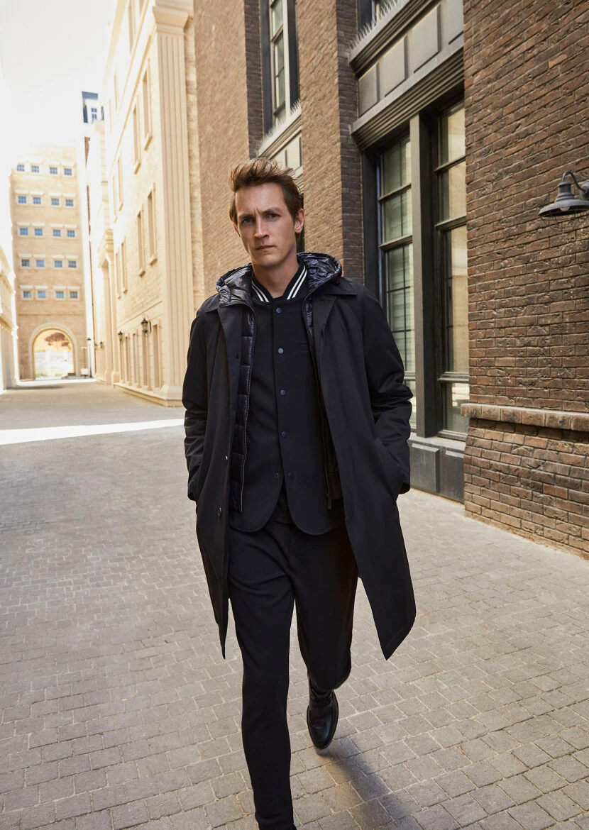 Black Regular Fit Shirt Collar Casual Weaving Removable Hood Rain Coat - 1