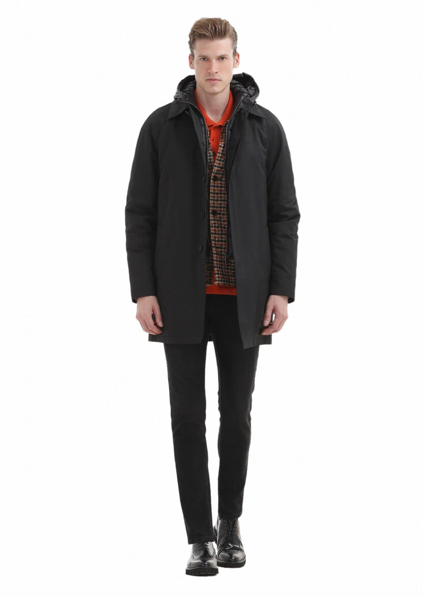 Black Regular Fit Shirt Collar Casual Weaving Removable Hood Rain Coat - 2